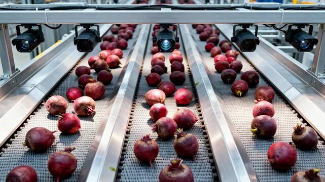 Medium shot capturing overhead cameras tracking beet movement on automated conveyor belts enhancing precision logistics in agricultural processing.