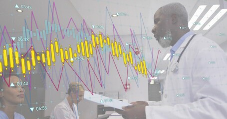 Talking doctor in lab coat, stethoscope handing papers at reception desk, data overlay, copy space