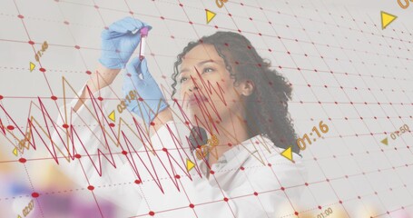 Researcher in lab coat and blue gloves inspecting purple vial using pipette in lab, red overlay