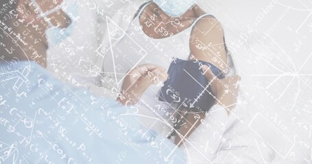 Nurse wearing scrubs adjusting BP monitor on senior wearing white top on exam bed, formula overlay