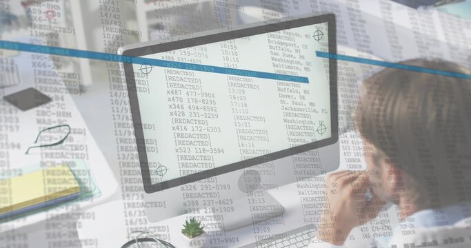 Leaning man wearing blue shirt viewing screen in office, checking redacted table, copy space