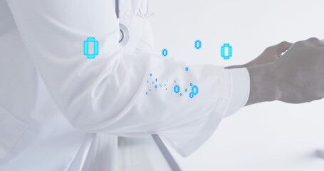 Doctor tapping smartphone on clinic rail, wearing lab coat and stethoscope with blue data overlay