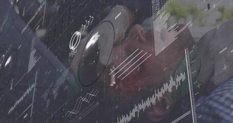 Reclining man wearing eyeglasses and plaid shirt merging with HUD overlays in control room, gauges