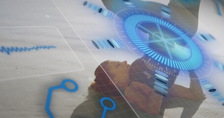 Lying woman wearing dark activewear raising legs and engaging core on pale textured floor with HUD