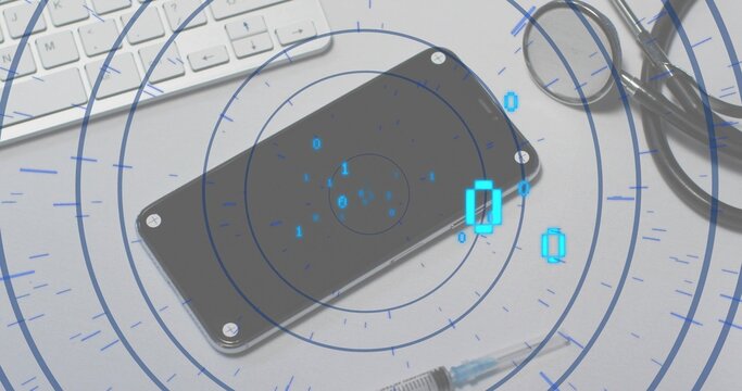 Showing black smartphone angled on white desk, beside keyboard, stethoscope, syringe  and  blue HUD - Powered by Adobe