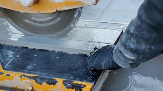 Cutting tiles with a construction saw. Mechanical cutter for cutting hard materials. A man in a black construction suit cuts deck tiles. 4k footage