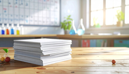 Stack of white papers on a wooden table in a classroom with educational materials