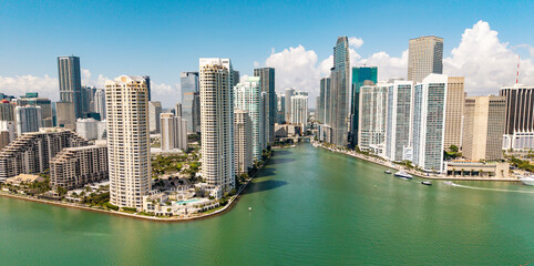 Panorama of Miami skyline. Panorama cityscape of Brickell Miami. Skyscrapers of Brickell. Panorama of the Miami financial district. Panorama aerial of Brickell in Miami Beach. © be free