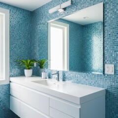 Modern Bathroom Interior with Blue Tiles and White Countertop.