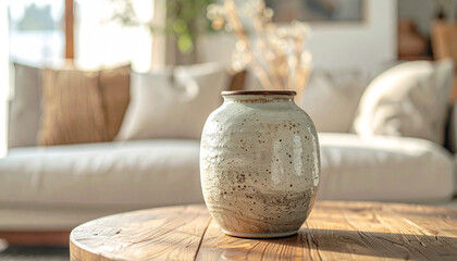Speckled ceramic vase on a sunlit wooden table