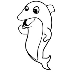 Fototapeta premium Happy Cartoon Dolphin Standing Upright in Black and White Line Art Illustration