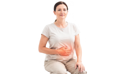 Individual practicing diaphragmatic breathing with hand on abdomen in a bright clinical setting demonstrating relaxation techniques for headache relief on a clean white background.