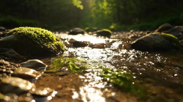 Streamlet Water Flowing Over Mossy Rocks A ground-level shot of a streamlet gently flowing over ancient, moss-covered river stones and pebbles, with intricate 'streamlet sparkle' as the water