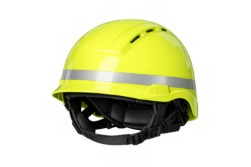 Yellow safety hard hat with reflective strip providing protection, security, and careful working conditions