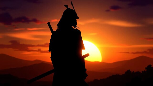 Dramatic Silhouette of a Lone Samurai Warrior Against a Fiery Sunset Sky in Japan