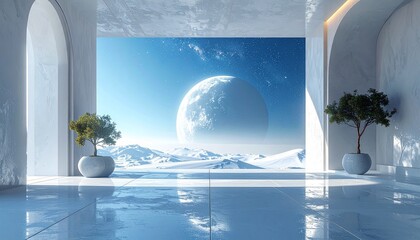 Futuristic observation deck background with giant planet and sea of clouds for landing page first view and web design