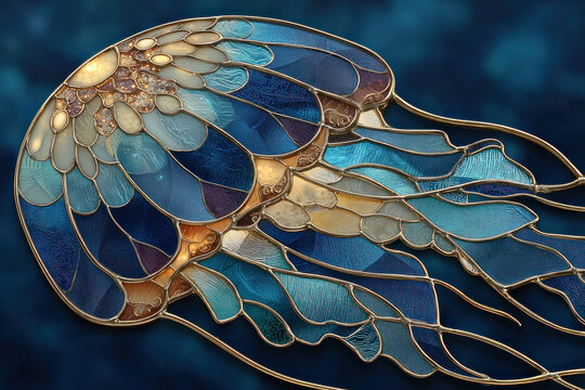 An artistic illustration of a jellyfish, executed in the style of stained glass or glass mosaic with a delicate metallic outline.  