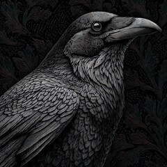 Obraz premium A highly detailed monochrome artistic illustration of a raven, executed using engraving technique. 