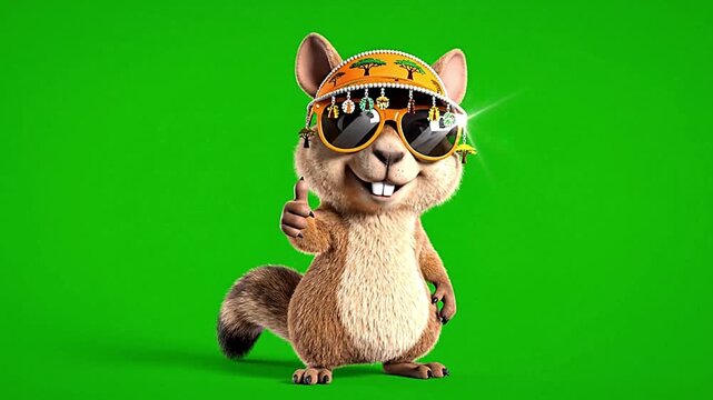 Cute 3D cartoon squirrel character with sunglasses and hat waving and giving thumbs up on green screen.