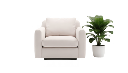 Minimalist soft armchair on a white background with lush green potted plant beside it symbolizing a relaxing preexam waiting nook in a calm medical setting.