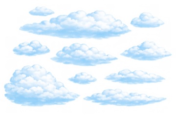 Fluffy cumulus clouds collection floating in transparent sky, realistic weather elements for overlays and design