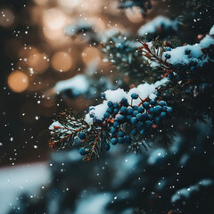 An atmospheric winter macro photo of a pine branch with blue berries covered in fresh snow.  