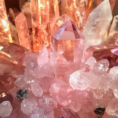 A close-up of pink quartz crystals with faceted transparent edges, illuminated by a warm, soft light.  