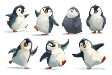 Obraz premium Cute penguin cartoon clipart set with dynamic poses, playful and joyful expressions, illustrated in flat style with soft brush strokes and vibrant colors
