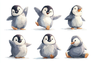 Obraz premium Cute baby penguin cartoon mascot pack with standing waving and sitting poses, playful and joyful expressions, perfect for fun and friendly design projects