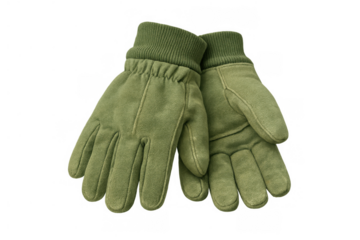 Pair of olive green suede work gloves protecting hands during outdoor activities or winter weather, isolated on transparent background