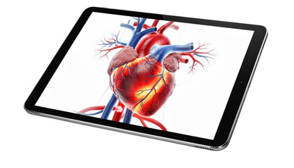 digital twin heart model displayed on a tablet with simulated blood flow and artery narrowing isolated on white background for medical risk analysis of angina.