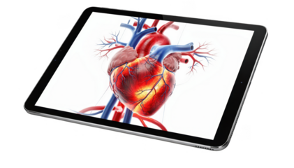 digital twin heart model displayed on a tablet with simulated blood flow and artery narrowing isolated on white background for medical risk analysis of angina.
