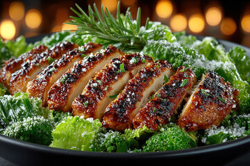 A mouth-watering culinary composition featuring sliced ​​fried chicken breast served on a fresh green salad.  