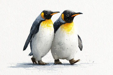 Obraz premium Two penguin couple walking together holding flippers hand painted watercolor style with soft texture and bright yellow chest detail on white background, charming and lively