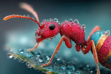 A macro photograph of a bright red ant, covered in dew drops, walking across a green leaf. 
