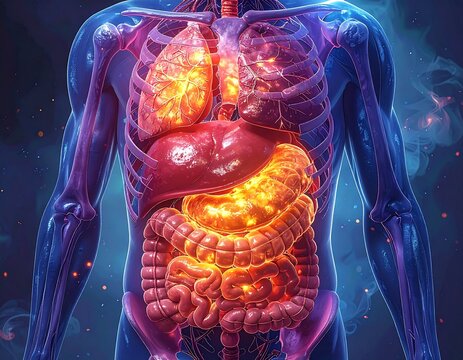 Stomach positioned anterior to the pancreas, left of the liver, with correct anatomic