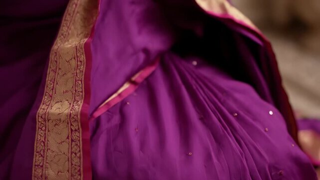 Close up Detail of Rich Purple Silk Saree Fabric with Gold Border and Sequins