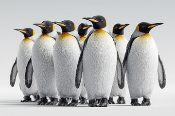 Fototapeta premium Penguin group standing in row with sharp detailed feathers and bright yellow markings on necks, showing natural posture and calm expression in clean white background