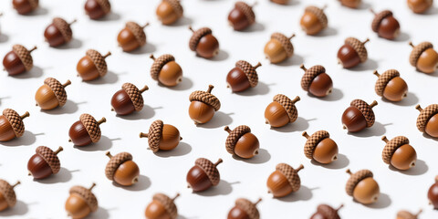 Obraz premium A repeating pattern of realistic brown and tan acorns with textured caps and stems on a white background.