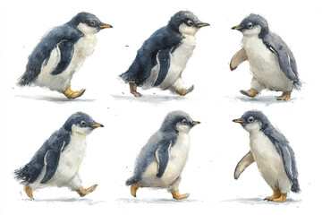 Fototapeta premium Penguin chick illustration pack showing different walking poses and growth stages with soft textured feathers and expressive movement in natural style