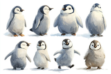 Obraz premium Penguin illustration bundle with various actions and age stages showing cute and playful baby penguins in different poses and expressions on white background