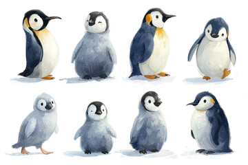 Obraz premium Penguin illustration set showing different life stages with cute and playful expressions in watercolor style, featuring adult and baby penguins in various poses and colors