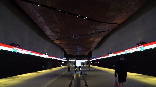 Interior of a modern metro underground station in Espoo, Helsinki, Finland.