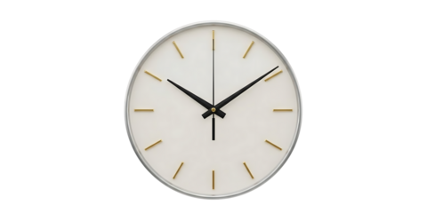 Minimalist wall clock showing time concept with golden hour markers and black hands on white background

