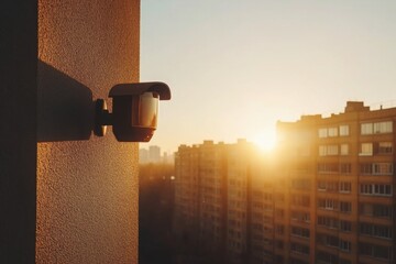Fototapeta premium Modern Security Camera Mounted on a Balcony Overlooking an Urban Cityscape During a Golden Sunset