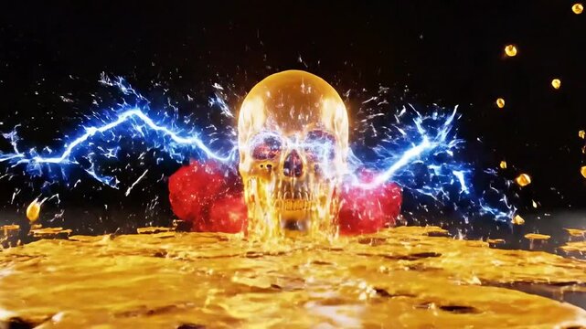 A skull engulfed in flames with lightning bolts in the background