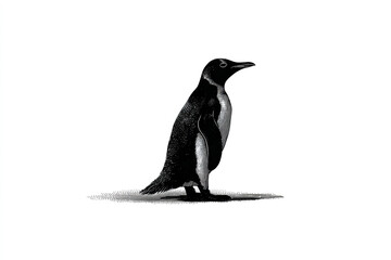 Fototapeta premium Penguin silhouette illustration in black and white with detailed shading and texture, standing on flat surface with clear and simple background