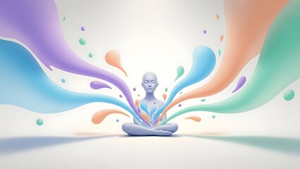 Obraz premium Serene figure meditating with a vibrant spectrum of colorful abstract fluid shapes emanating outwards, symbolizing inner peace and emotional balance