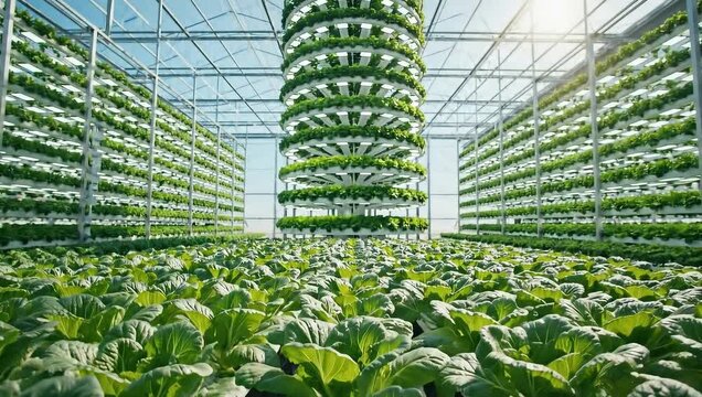 Vertical farming in a modern greenhouse with rows of plants growing under artificial light.