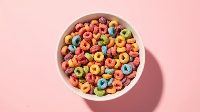 Colorful Fruit Loop Cereal in White Bowl on Pink Background Top View
